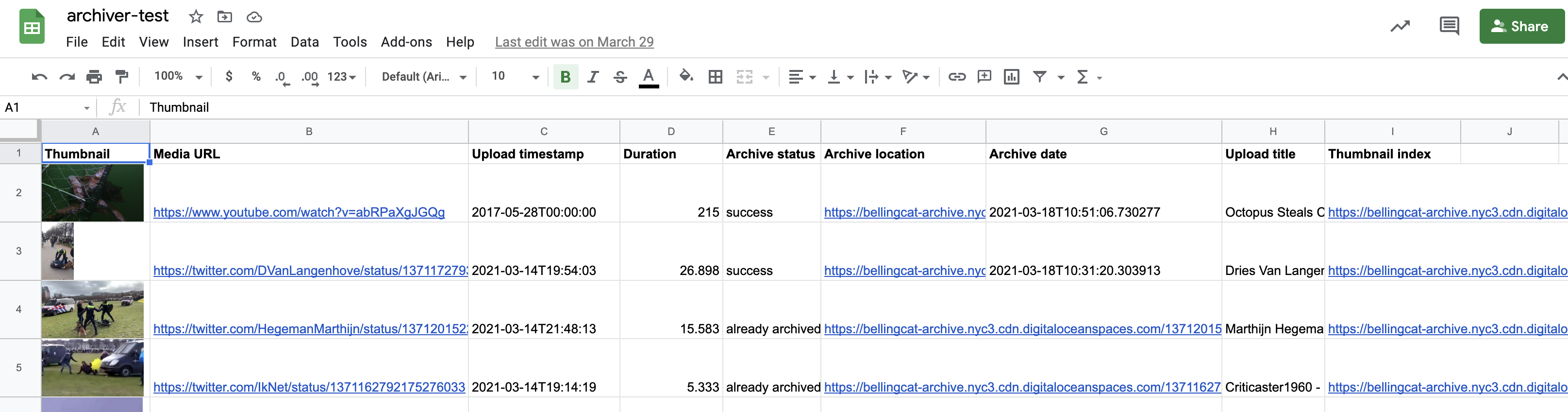 A screenshot of a Google Spreadsheet with videos archived and metadata added per the description of the columns above.