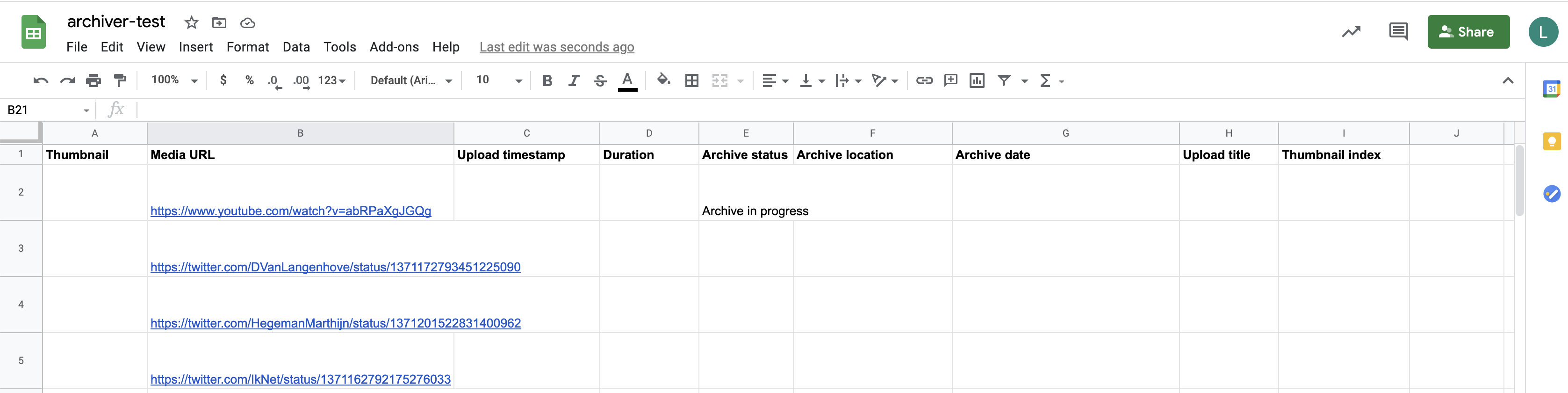 A screenshot of a Google Spreadsheet with column headers defined as above, and several Youtube and Twitter URLs in the "Media URL" column. The auto archiver has added "archive in progress" to one of the status columns.