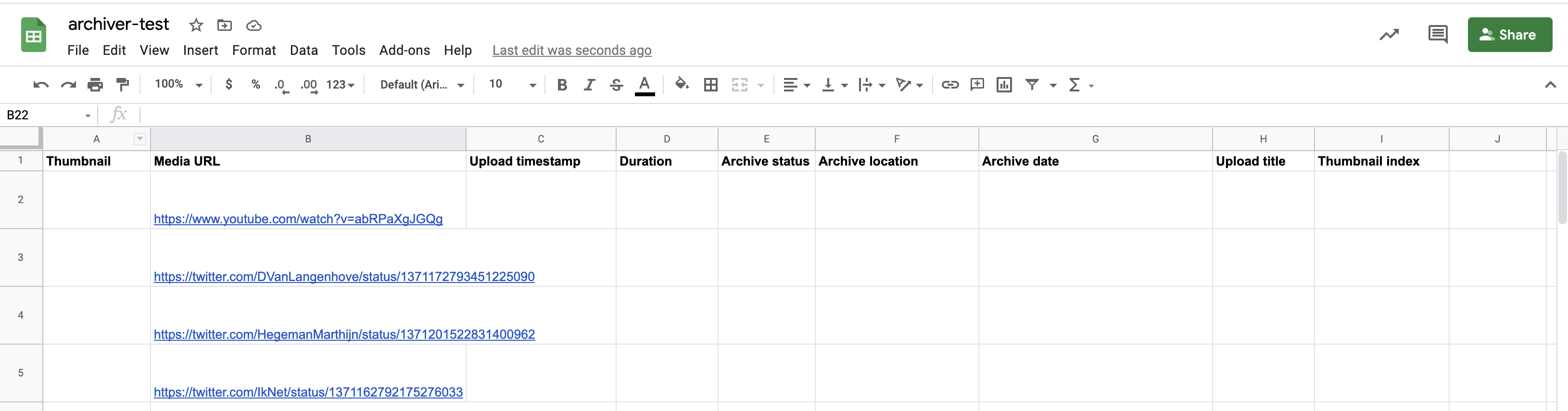 A screenshot of a Google Spreadsheet with column headers defined as above, and several Youtube and Twitter URLs in the "Media URL" column