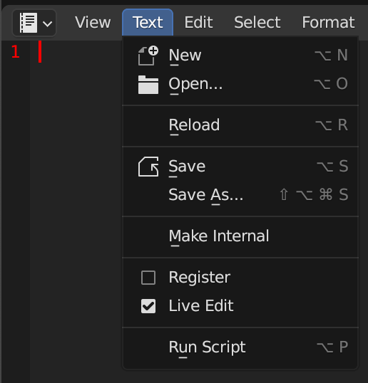 A screenshot of the top of the Text Editor, with the Live Edit option checked