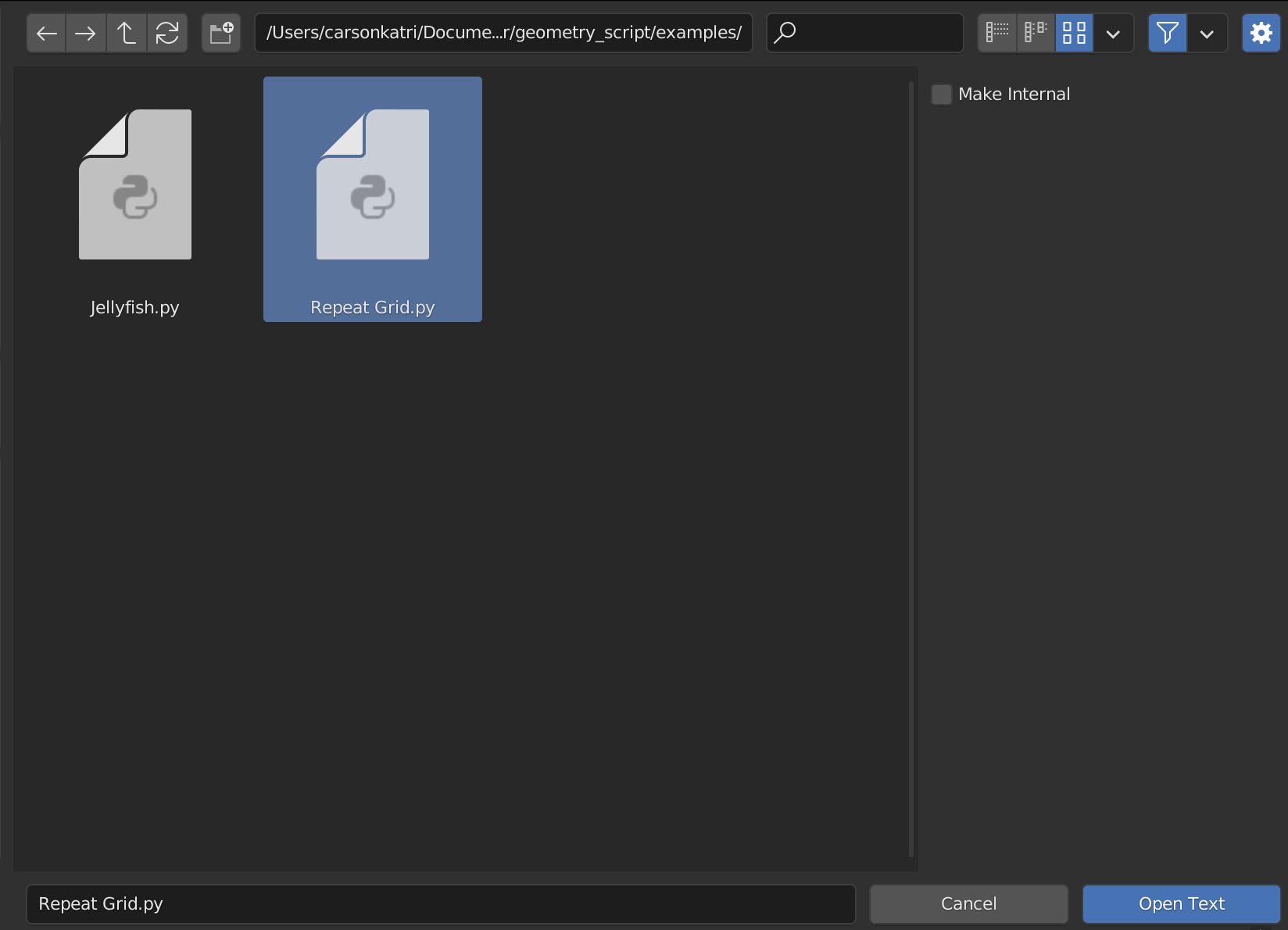A screenshot of Blender's file selector with 'Make Internal' unchecked