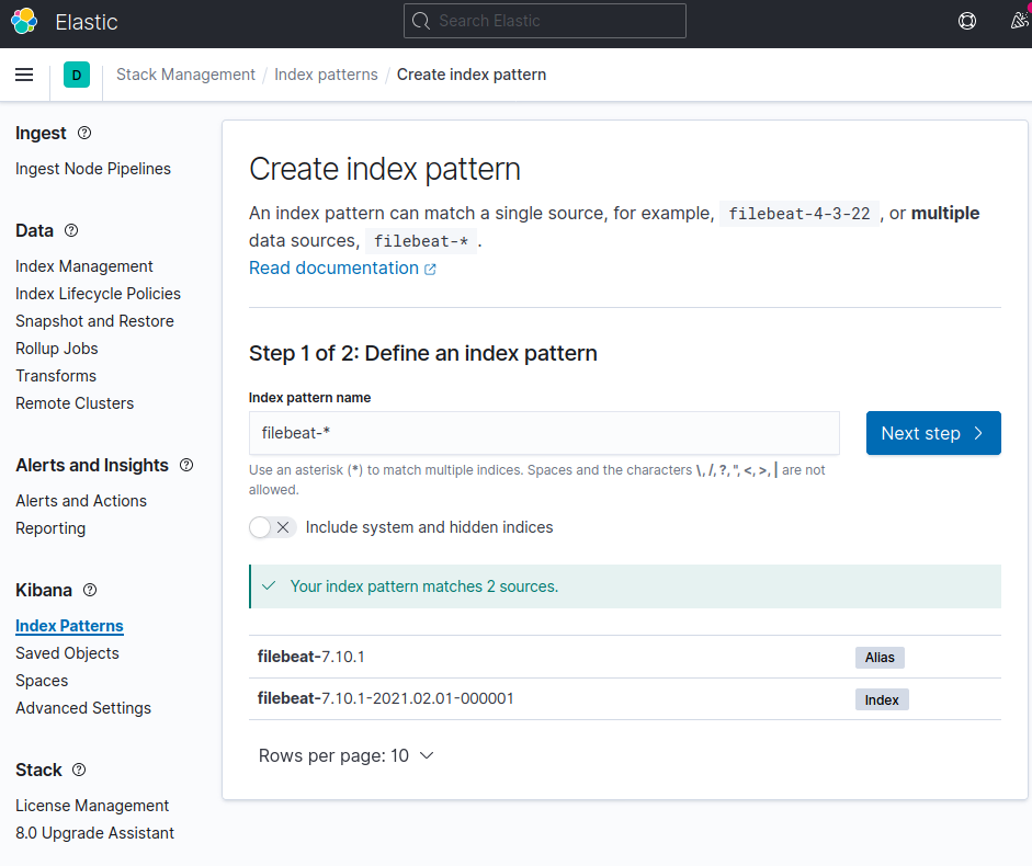 First step of the kibana index creation
