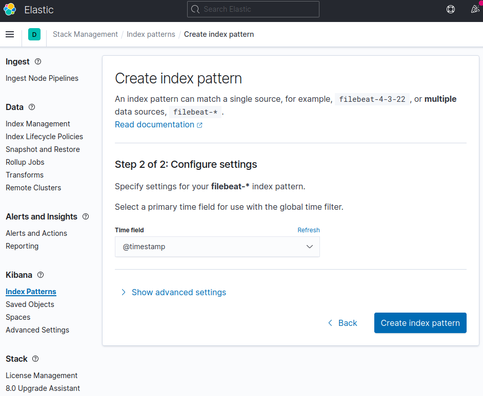 Second step of the kibana index creation