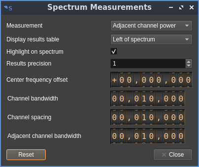 Spectrum Measurements dialog - adjacent channel power