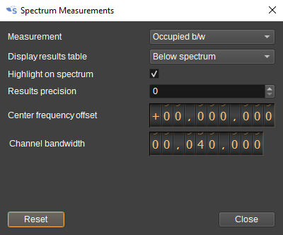 Spectrum Measurements dialog - occupied bandwidth